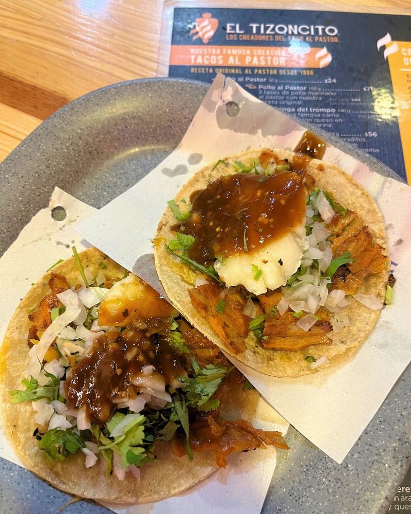 plate of two tacos al pastor at el tizoncito cdmx