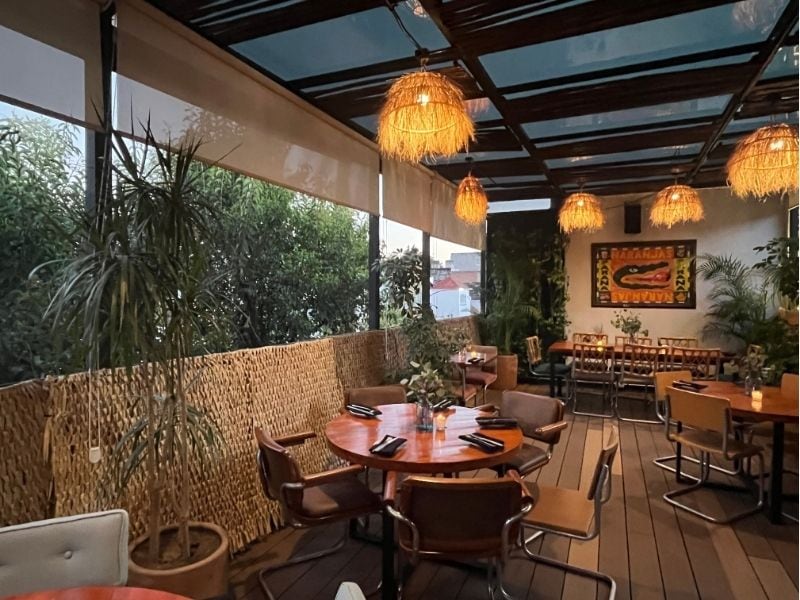 Rooftop dining terrace with woven pendant lamps and potted plants at Esquina Común in Mexico City