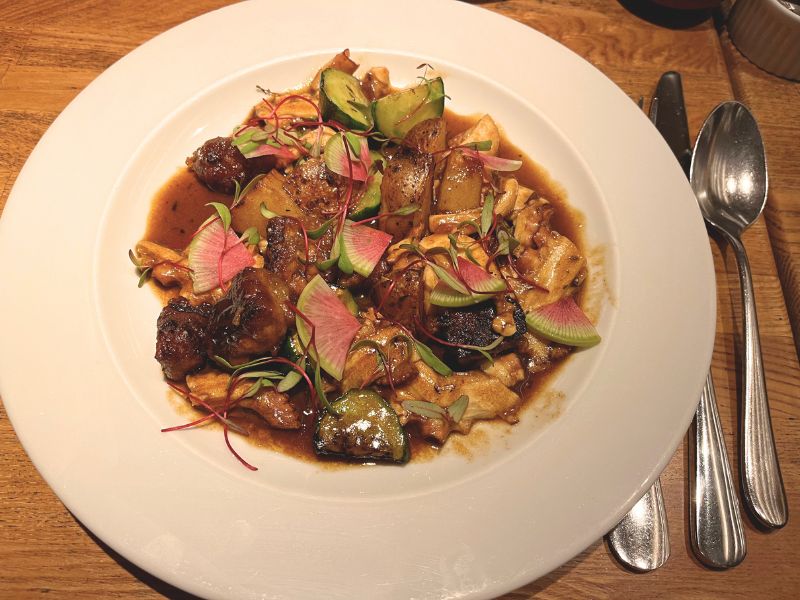 Octopus and sweetbreads in a dark broth with watermelon radish at Merotoro in Mexico City