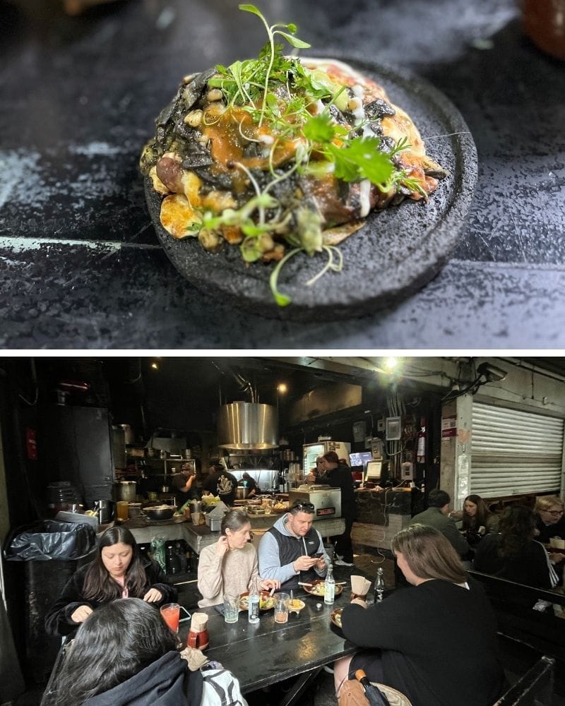 Diners at communal tables and a dish topped with microgreens at Expendio de Maíz in Roma Norte, Mexico City