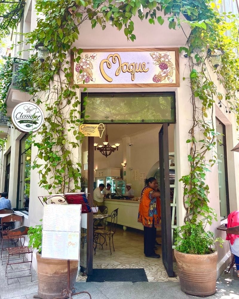 Vine-covered entrance to Maque café with its sign above the door in Mexico City