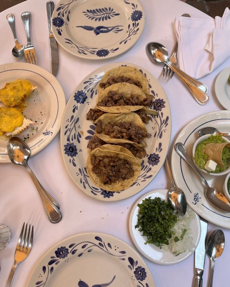 Plate of tacos on blue-and-white china at San Ángel Inn in Mexico City