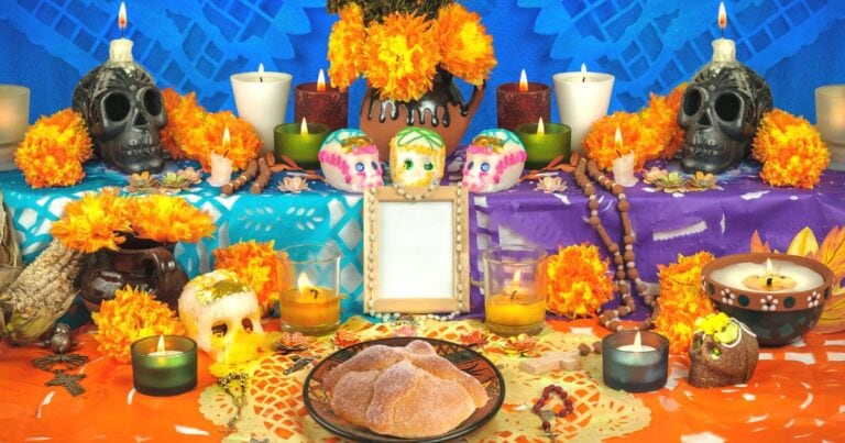 colorful altar for dia de los muertos — one of the most common Day of the Dead symbols
