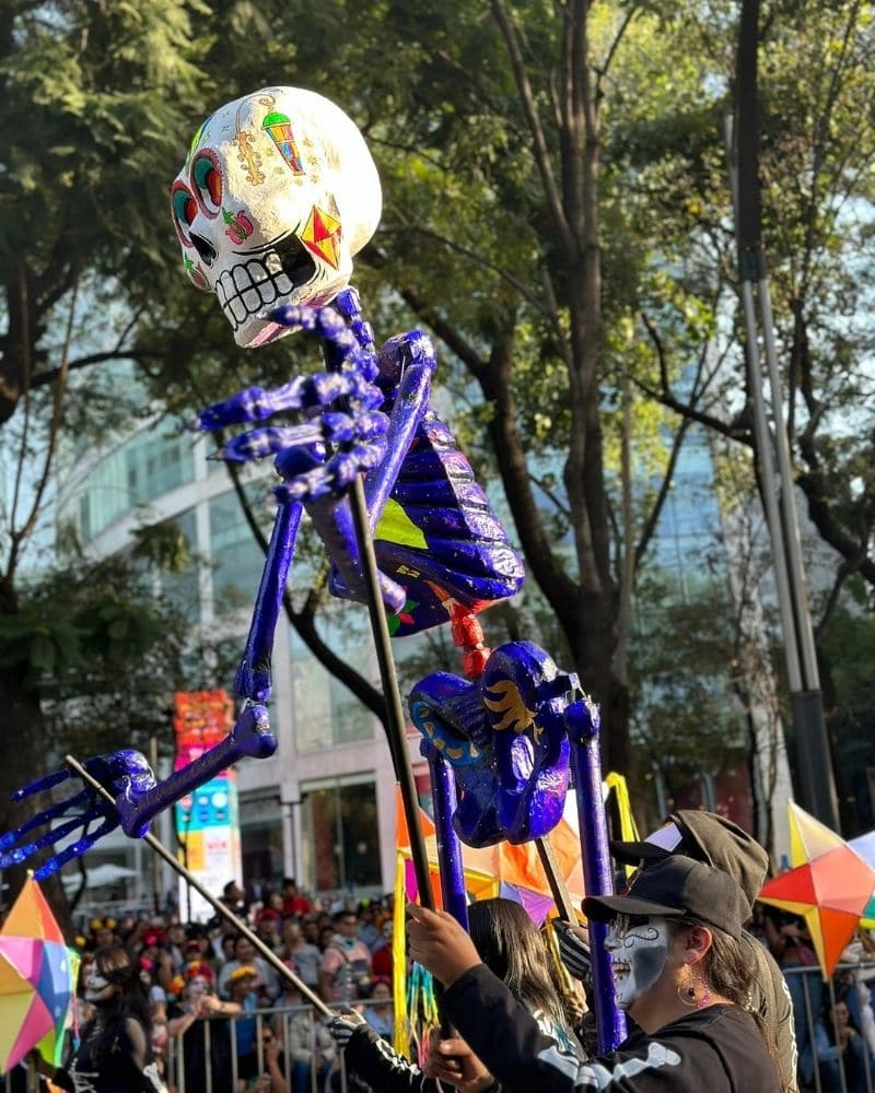 Giant purple skeleton puppet with a painted sugar skull head held above the parade crowd in Mexico City for Day of the Dead