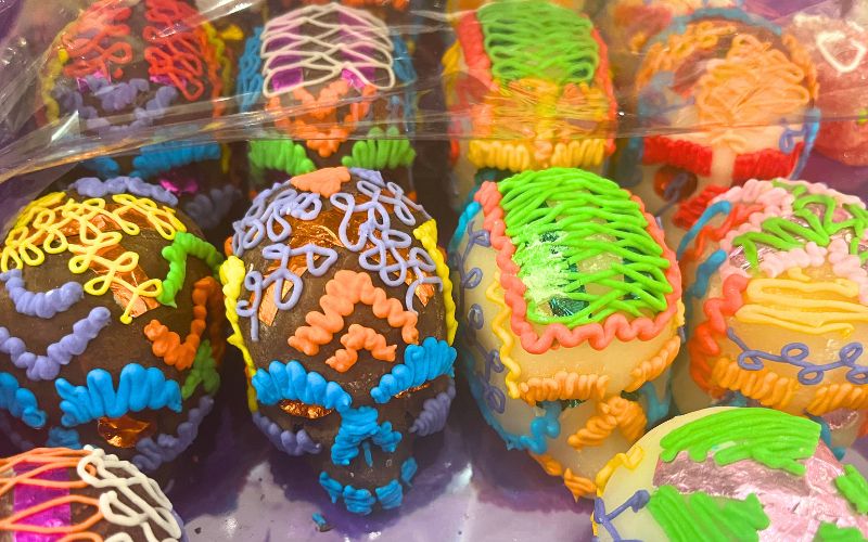colorful sugar skulls, day of the dead candy