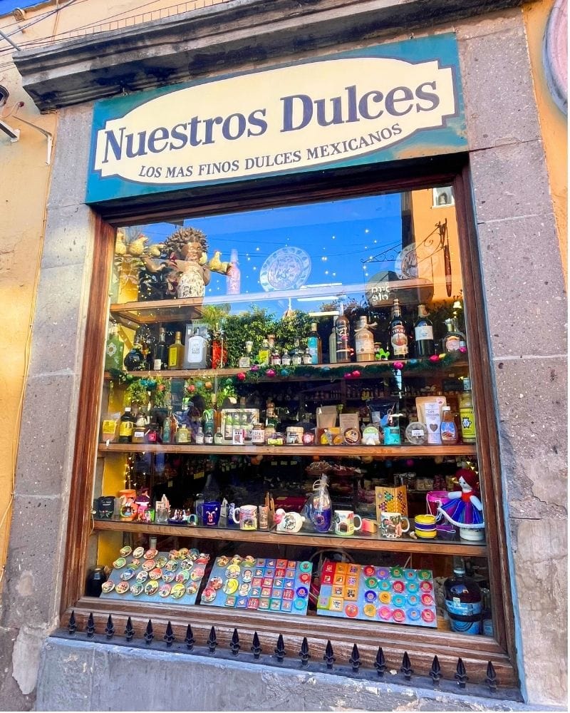 window display at Nuestros Dulces Candy Store in Tlaquepaque