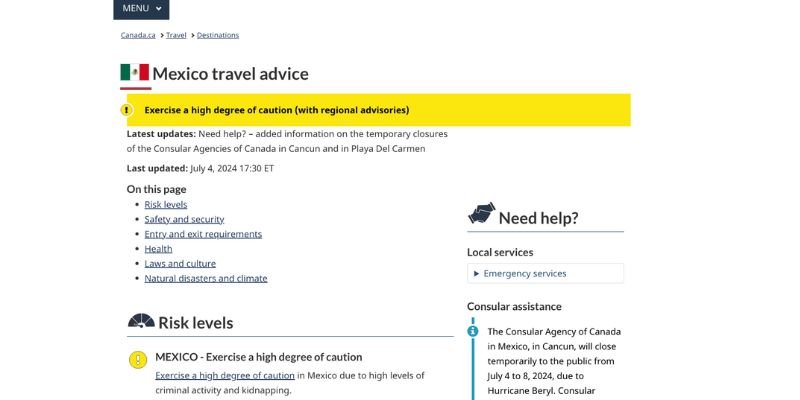 canada travel advisory for mexico