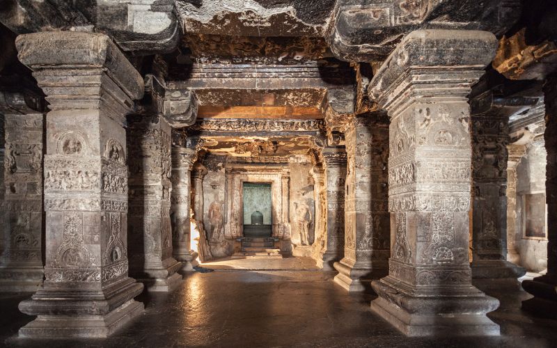large columns in ellora caves, a rock cut Hindu temple cave