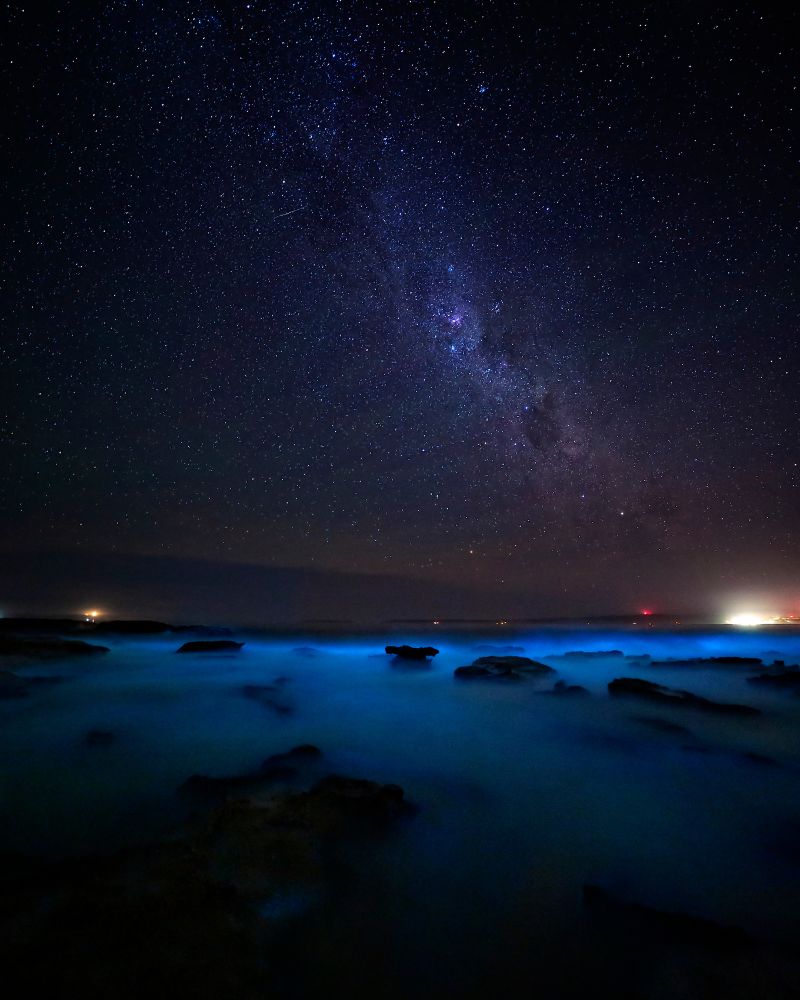water having a blue glow under a starry night sky