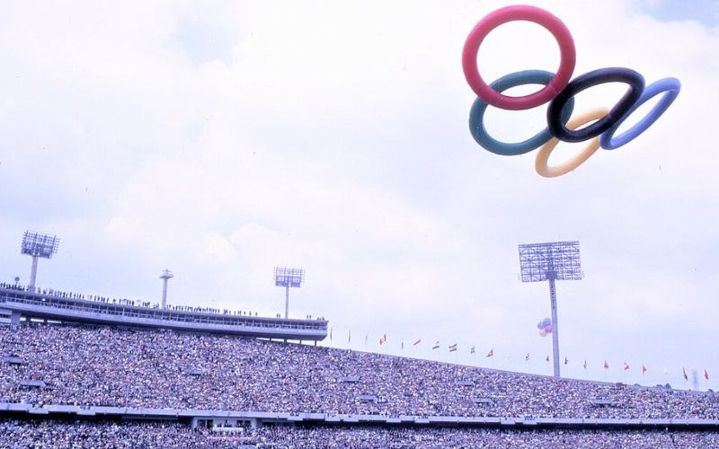 giant balloons of the Olympic Rings in the sky during the Opening Ceremony of the 1968 Summer Olympic Games in Mexico City