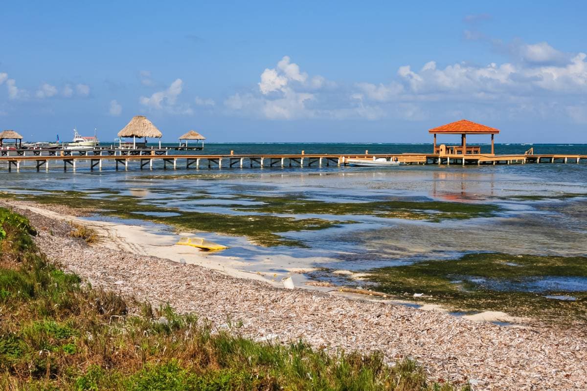 Long boardwalk in Ambergris Caye, Belize