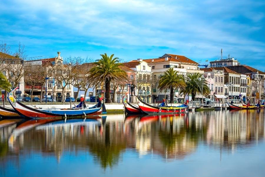 Aviero, Ria canal in Aveiro. Moliceiro boats.