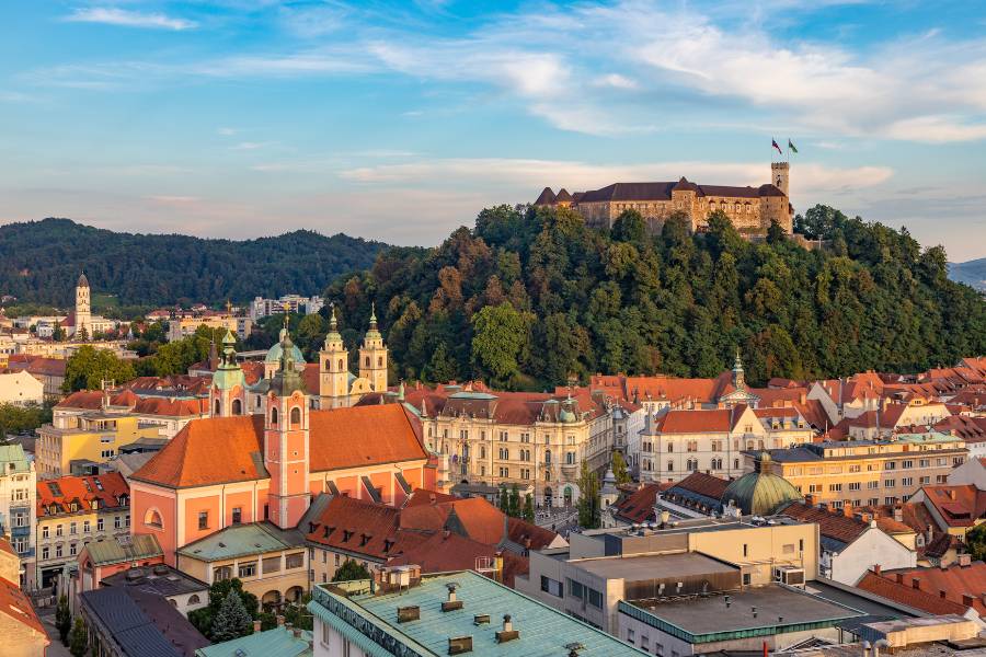 Cityscape of the Slovenian capital Ljubljana at sunset