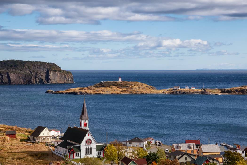 Aerial view of a small town on the Atlantic Ocean Coast, Trinity, Newfoundland