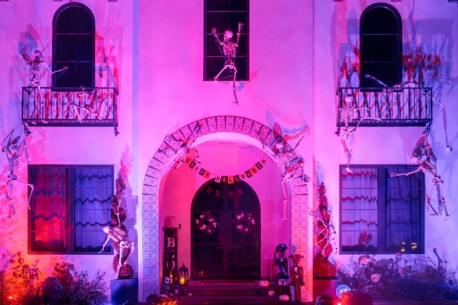 House with Halloween Decorations at Night