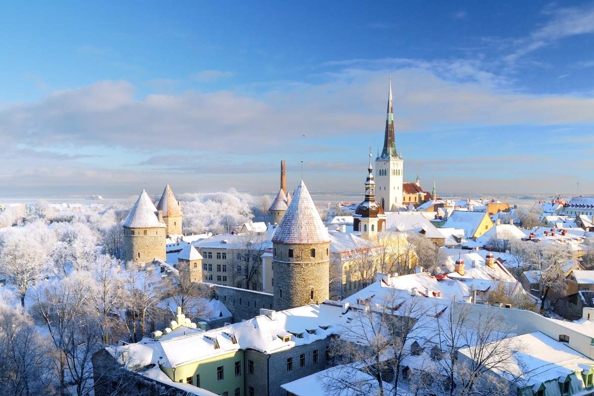 Snow-capped rooftops in Tallinn, Estonia