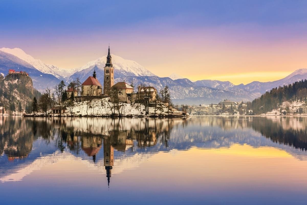 Winter landscape Bled Lake, Slovenia