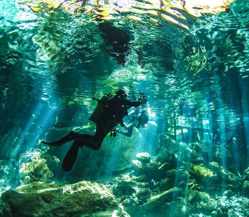 scuba diving in cenote dos ojos