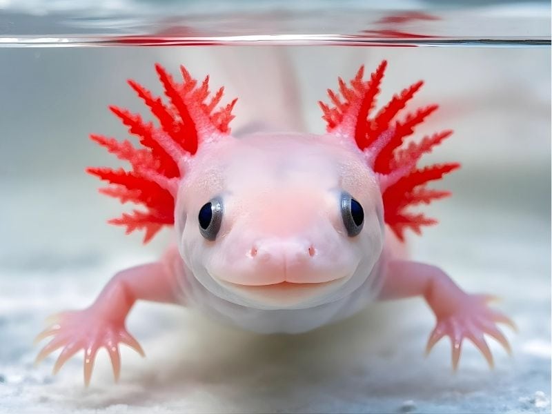 albino axolotl in a tank