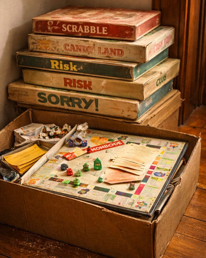 Stack of worn vintage board games with one open and pieces mid-play