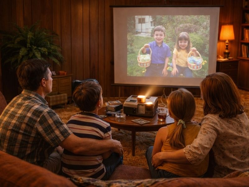 family watching vintage slide projector home movies