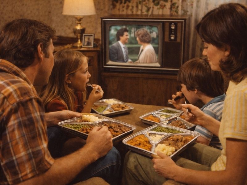family watching TV eating on aluminum TV dinner trays