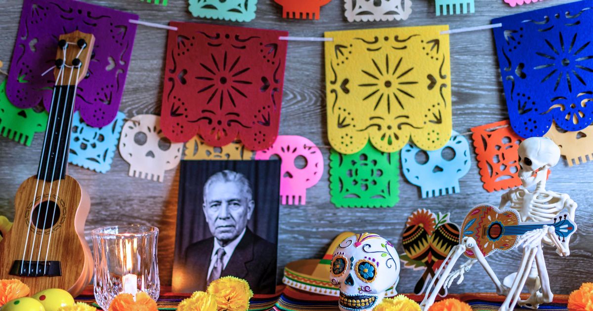 mexican papel picado on an ofrenda (altar)