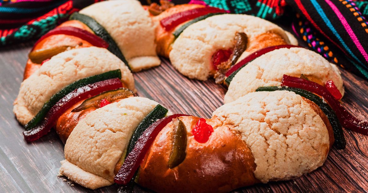 Rosca de reyes decorated with candied fruit for Three Kings Day in Mexico