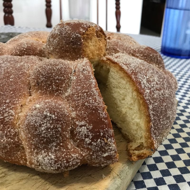 slice of pan de muerto cut 