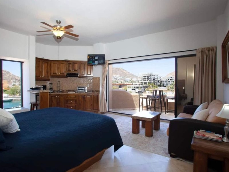 Studio with a king bed, kitchen and balcony at the Top-Floor Marina Studio in Cabo Marina, Cabo San Lucas