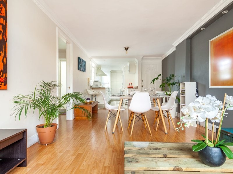 Bright open living and dining area at the modern 1-bedroom Airbnb in Polanco, Mexico City