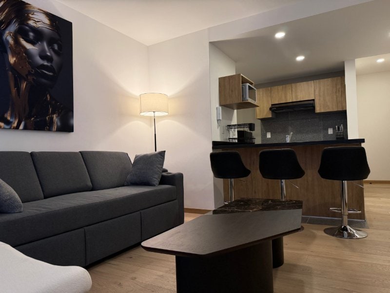Living room with a gray sofa and kitchen breakfast bar at the Roma Suite in Roma Norte, Mexico City