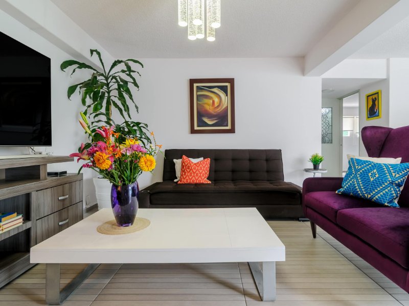 Living room with a purple sofa at the stylish 2-bedroom apartment Airbnb near Frida Kahlo's House in Coyoacán
