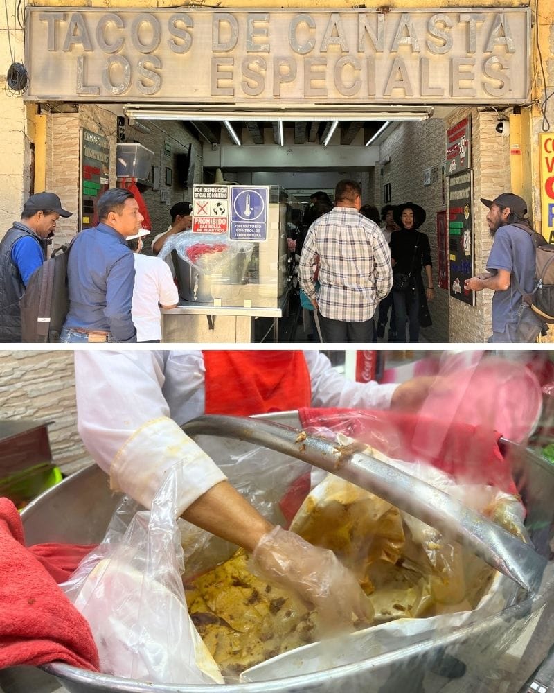 storefront sign and a basket of tacos de canasta at Los Especiales in Mexico City