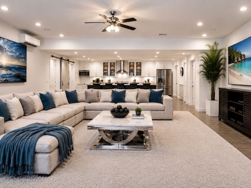 Living room with a large sectional sofa and open kitchen at Villa Utopia in Cabo San Lucas